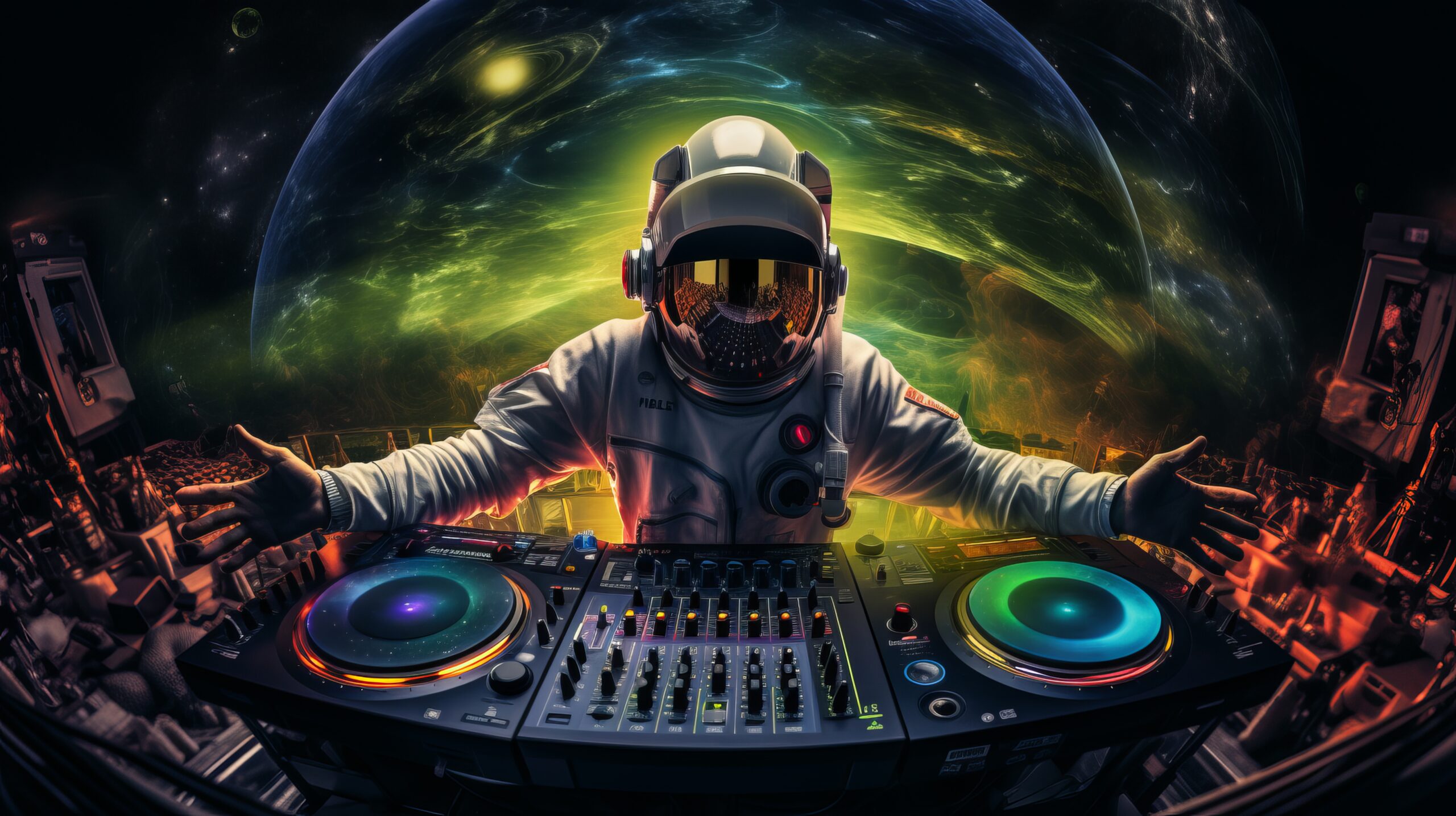 Astronaut DJ mixing music at space party. DJ plays on the best EDM, Mixer controller, Entertainment.